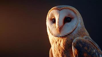A large owl with a heart on its face is staring at the camera photo