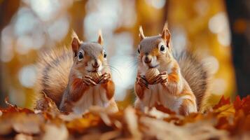 Two squirrels are eating nuts on a pile of leaves photo