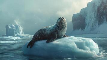 A seal is sitting on top of a large block of ice photo