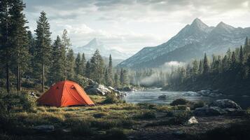 A red tent is set up in a forest near a river photo