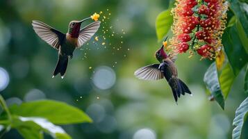 Two hummingbirds are eating from a flower photo