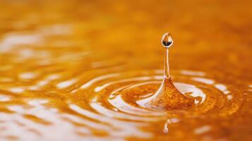 A drop of water falls into a puddle of brown liquid photo