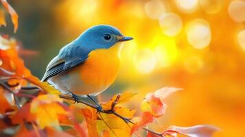 A blue and orange bird is perched on a branch of a tree photo