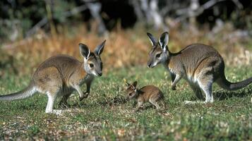 Three kangaroos are standing in a grassy field photo