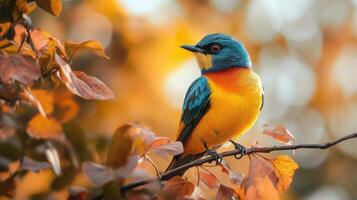 A yellow and blue bird is perched on a branch of a tree photo