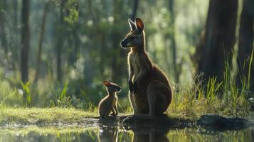 A mother kangaroo and her baby are sitting by a body of water photo