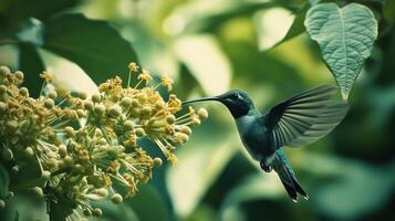 A hummingbird is flying over a bush with yellow flowers photo