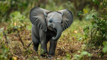 A baby elephant is walking through a field of grass photo