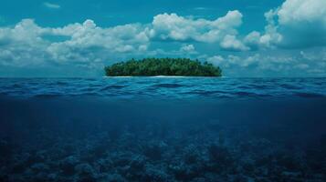 A blue ocean with a small island in the middle photo