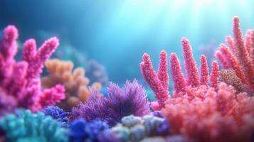 A colorful coral reef with pink and blue coral photo