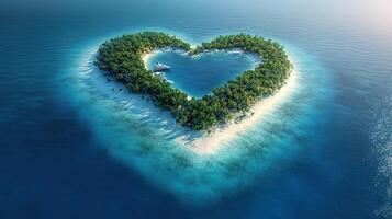 A heart shaped island with palm trees and a boat in the middle photo