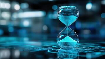 A blue hourglass with sand in it sits on a table photo