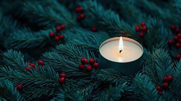 A candle is lit in a pine tree with red berries photo