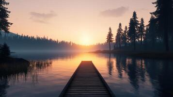 A wooden bridge spans a body of water with a sunset in the background photo