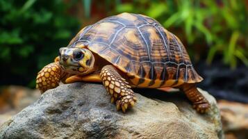 A small brown and white turtle is laying on a rock photo