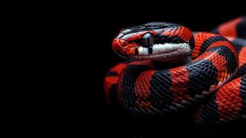 A red and black snake is shown in a black background photo