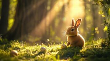 A rabbit is sitting in a grassy field with a few eggs nearby photo