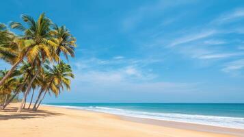A beautiful beach with palm trees and a clear blue sky photo