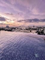 A view of the city from the infinity pool at sunset photo