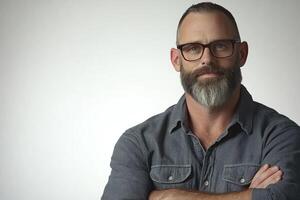 Mature man with glasses and beard poses confidently against a neutral backdrop in a studio setting photo
