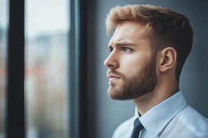 Young man in formal attire gazing thoughtfully out of a window in a modern office space photo