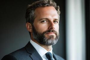 Professional man with beard poses confidently in office setting during daylight hours photo