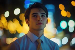 Young man standing under city lights during evening, showcasing urban atmosphere and soft bokeh background photo