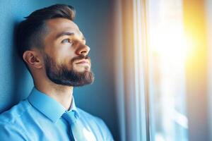 Thoughtful man gazes out of a window during golden hour in a modern urban setting photo