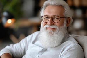 Smiling senior man with a long white beard and glasses relaxing in a cozy indoor setting photo