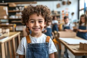 Joyful child smiles in a creative workshop filled with kids engaged in art activities photo