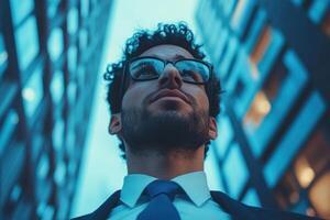 Man in glasses looking upwards between skyscrapers in a city at dusk photo