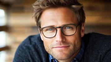Young man with glasses smiles warmly at the camera in a cozy, rustic setting photo