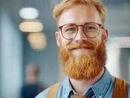 Cheerful man with glasses and a red beard smiles warmly in a modern office setting photo