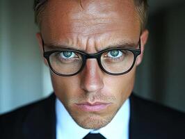 Intense portrait of a man in glasses wearing a suit with a serious expression photo