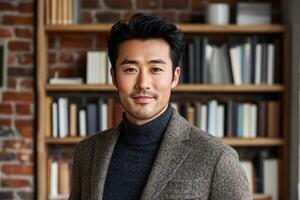 Professional man with a confident smile poses in a modern, stylish office setting photo