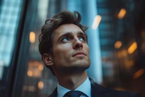 Young man in business attire gazes upward in urban setting during twilight photo
