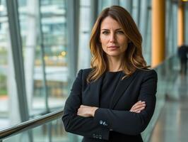 Confident professional standing in a modern office building with large windows during the day photo