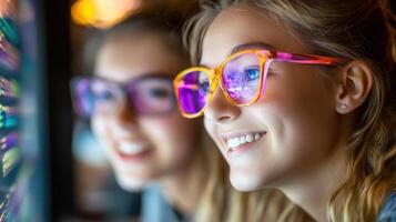 Young friends enjoying colorful lights while playing at amusement arcade in the evening photo