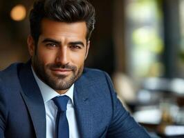 Smartly dressed man with a confident smile in a modern indoor setting during daylight photo