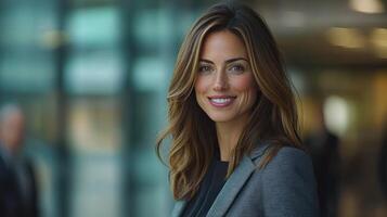 Confident business professional smiles warmly in modern office environment during daytime photo