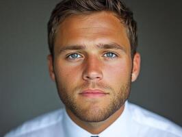Young man with blue eyes and beard wears white shirt in a neutral setting photo
