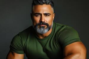 Strong man posing with a confident expression against a dark background photo