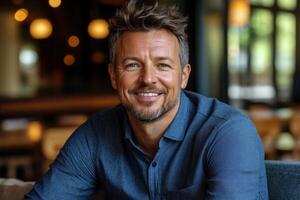 Smiling man enjoying a relaxed moment in a cozy cafe setting with warm lighting photo