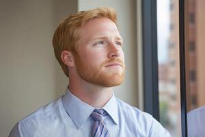 Young man with red hair and beard looking thoughtfully out the window in a modern office setting photo