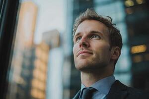 Young professional looking thoughtfully out of a window in a modern urban office setting photo