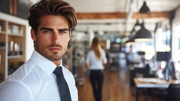 Professional man in office setting with sleek hairstyle and confident demeanor during work hours photo