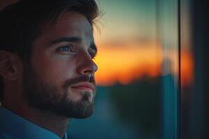Reflection of a man gazing thoughtfully out the window at a vibrant sunset photo