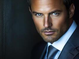 Man in formal attire with intense gaze against a dark background photo