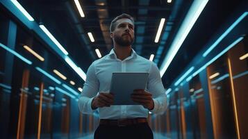 Business professional evaluates project data in a modern office hallway during evening hours photo