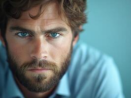 Intense close-up portrait of a man with blue eyes and a beard in soft natural light photo